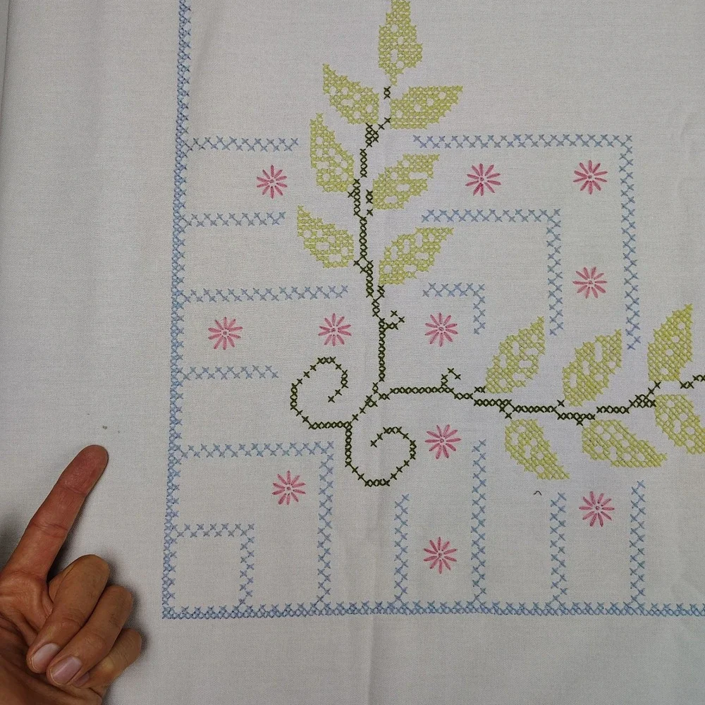 Vintage Embroidered Tablecloth Large 59x59 Floral Garden MCM 50s Cross Stitch